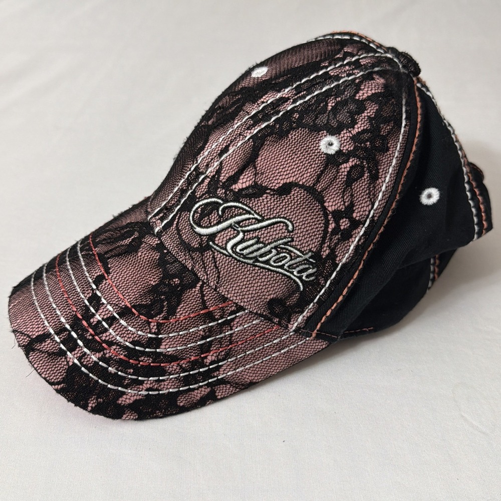 Choko x Kubota Women's Trucker Cap Pink & Black Hat Lace Panels Script Logo‎
